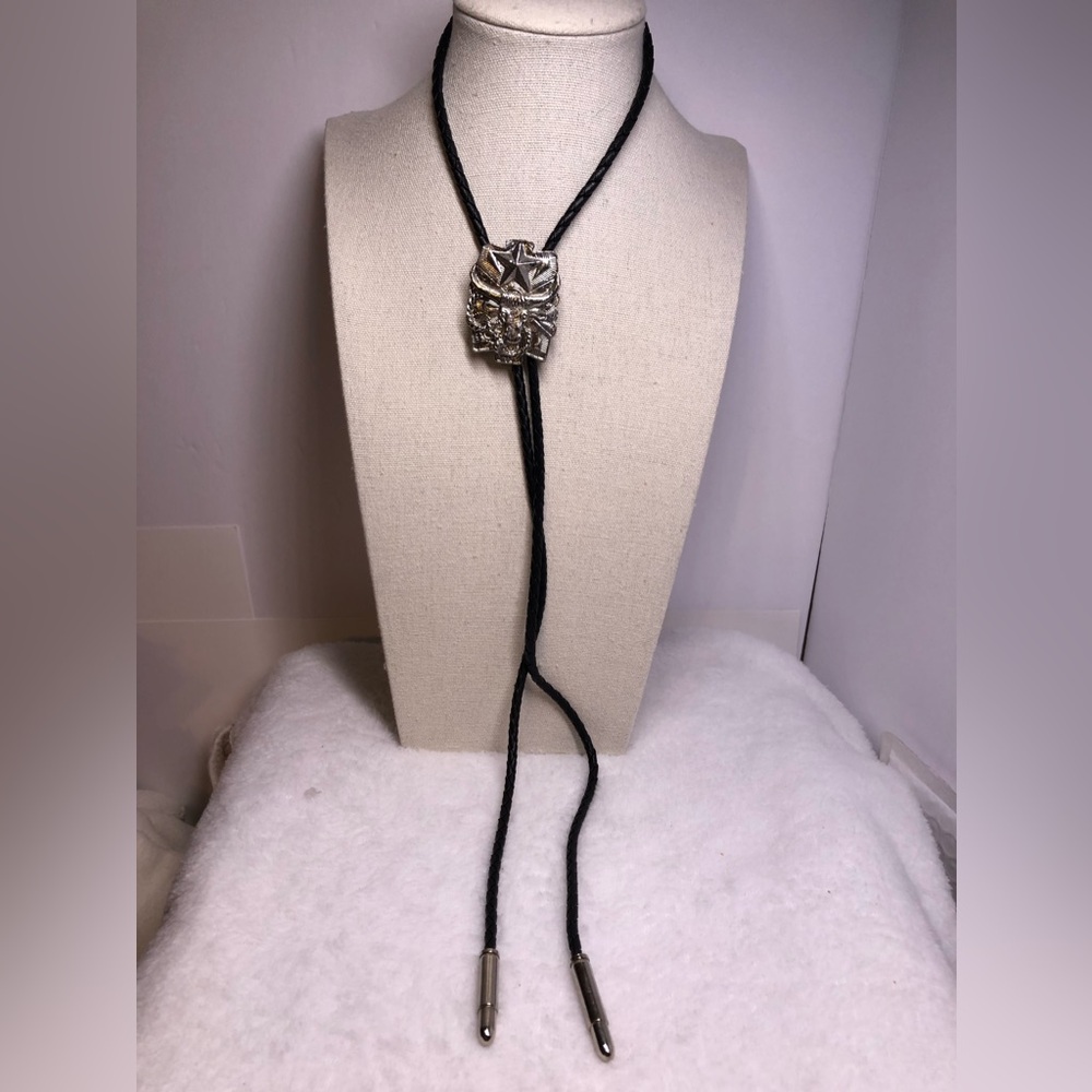 Western Silver & Black Leather Bolo Tie
